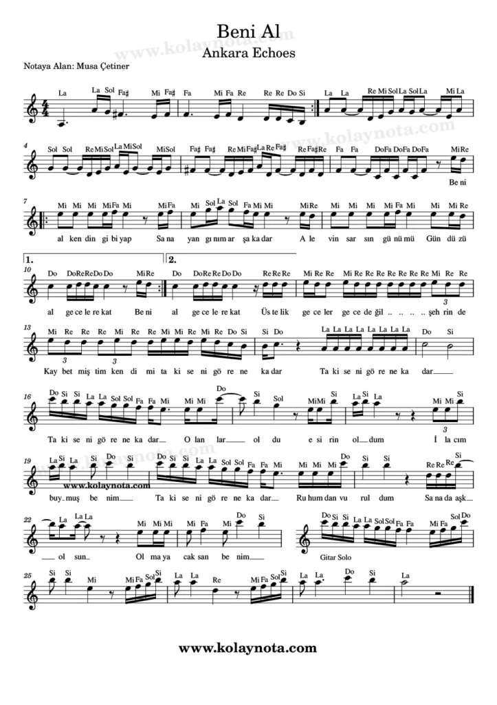 Ankara Echeos, Beni Al şarkısının kolay notasyonu.