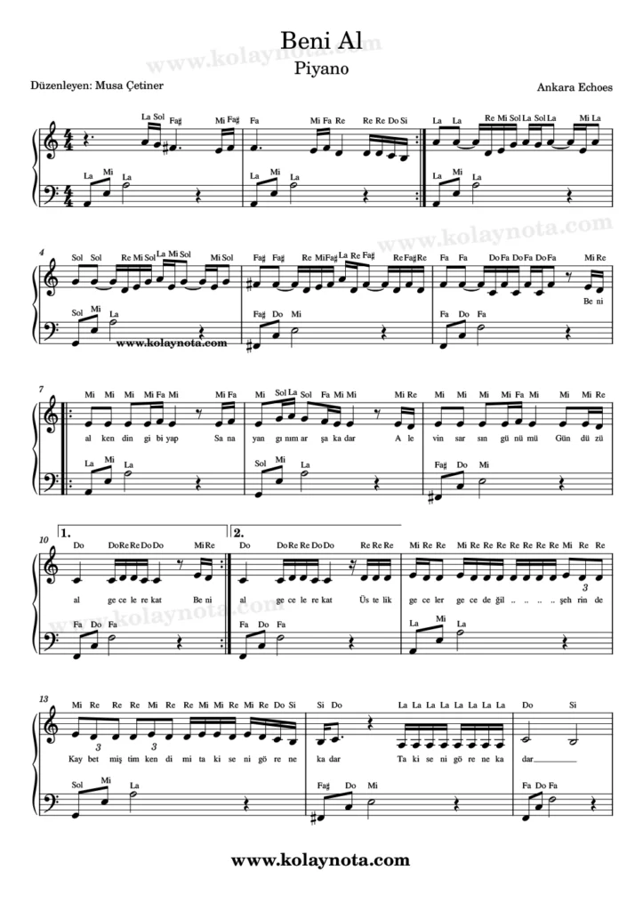 Ankara Echeos, Beni Al şarkısının piyano düzenlemesi. 1. Sayfa