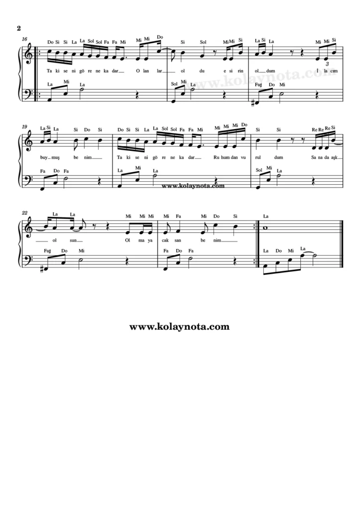 Ankara Echeos, Beni Al şarkısının piyano düzenlemesi. 1. Sayfa