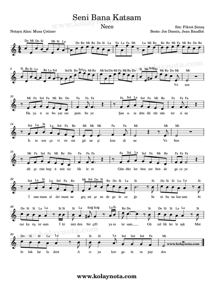 Seni Bana Katsam şarkısının kolay notasyonu