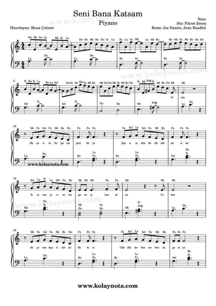 Seni Bana Katsam şarkısının piyano düzenlemesi