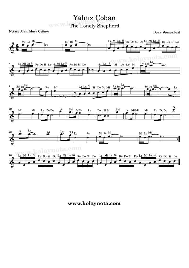 Yalnız Çoban, The Lonely Shepherd müziğinin kolay notasyonu