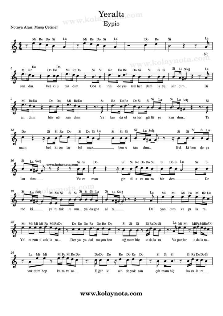 Eypio, Yeraltı şarkısının kolay notasyonu