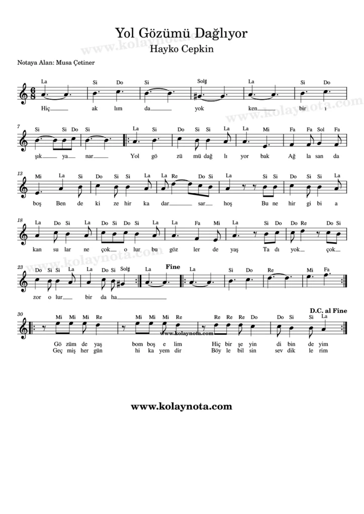Yol Gözümü Dağlıyor şarkısının La minör tonunda kolay notasyonu