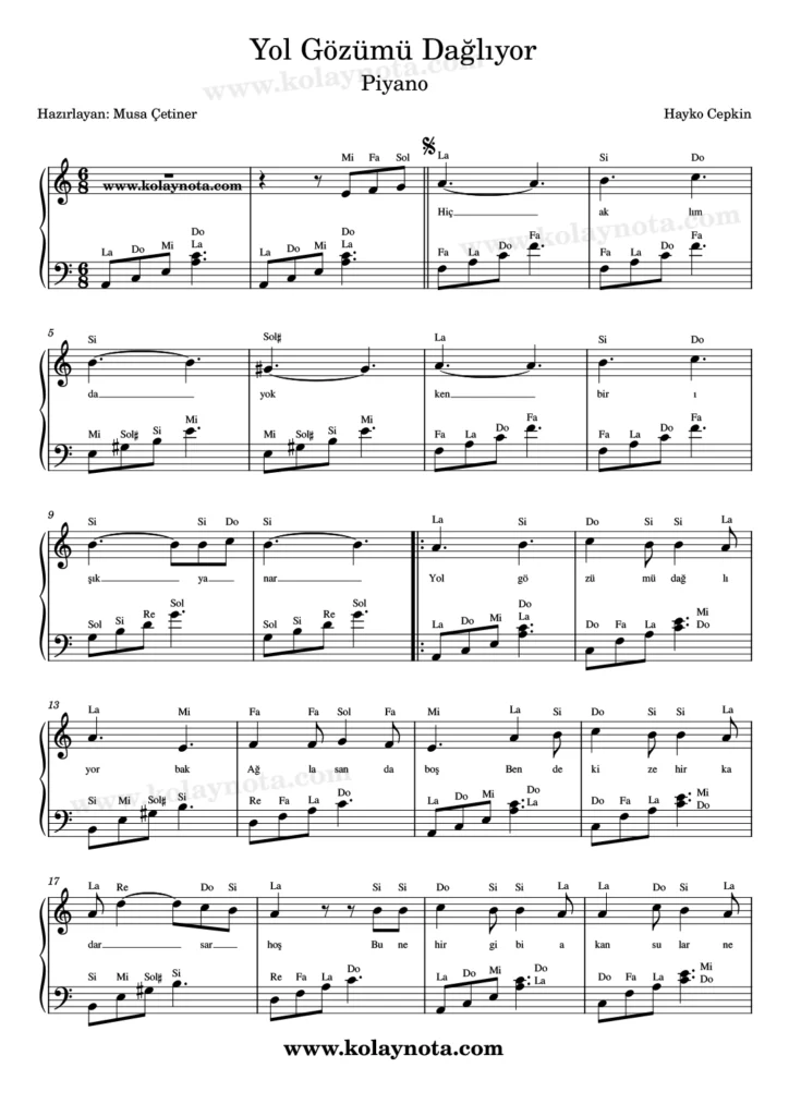Yol Gözümü Dağlıyor şarkısının piyano düzenlemesi. 1. Sayfa.