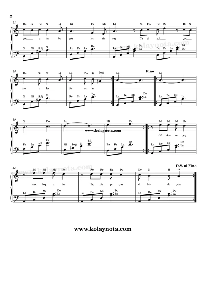 Yol Gözümü Dağlıyor şarkısının piyano düzenlemesi. 2. Sayfa.