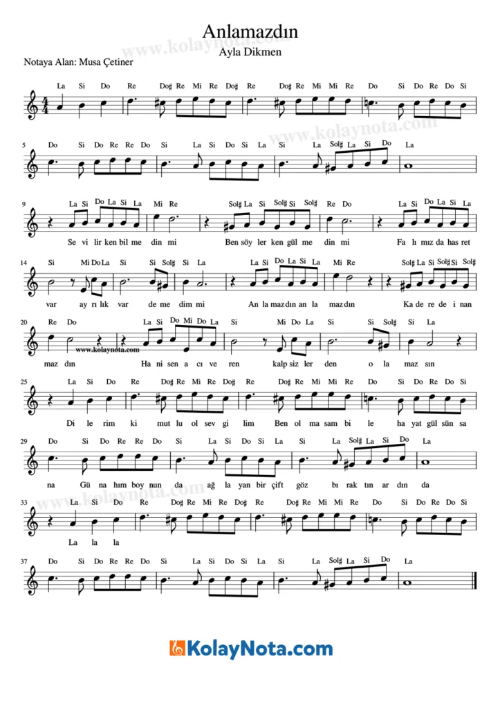 Anlamazdın şarkısının notasyonu