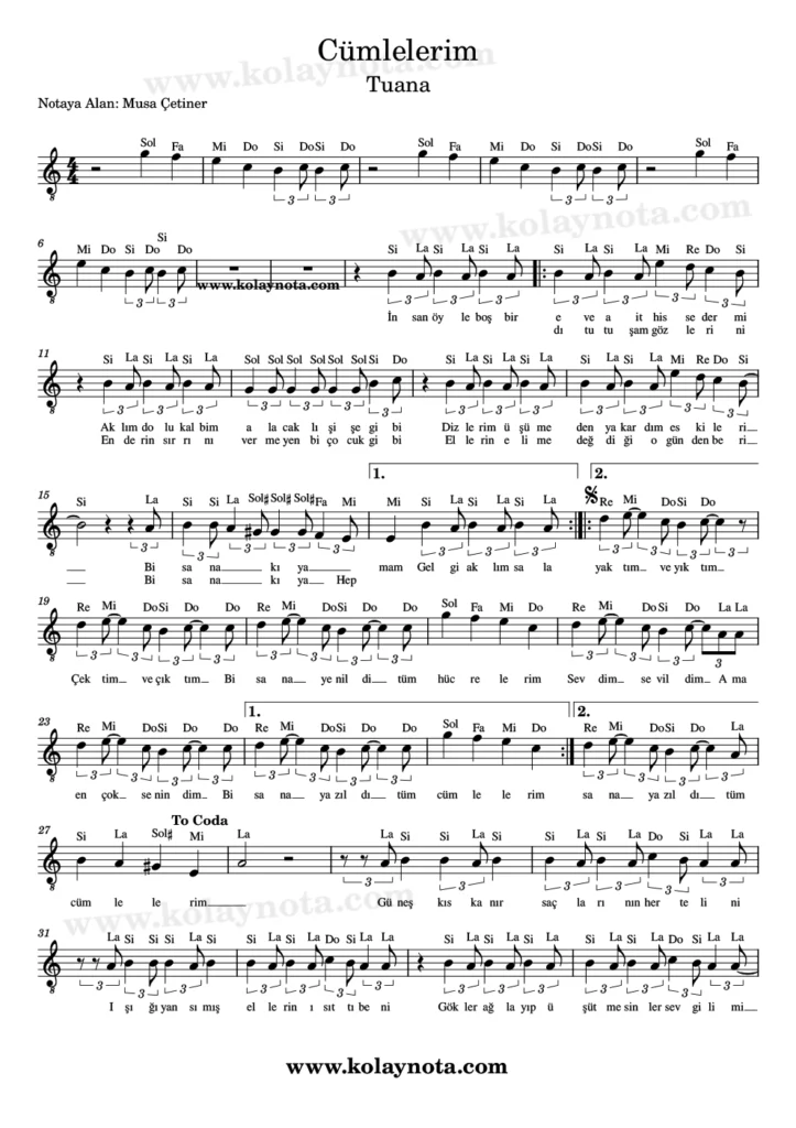 Cümlelerim şarkısının kolay notasyonu. 1. Sayfa