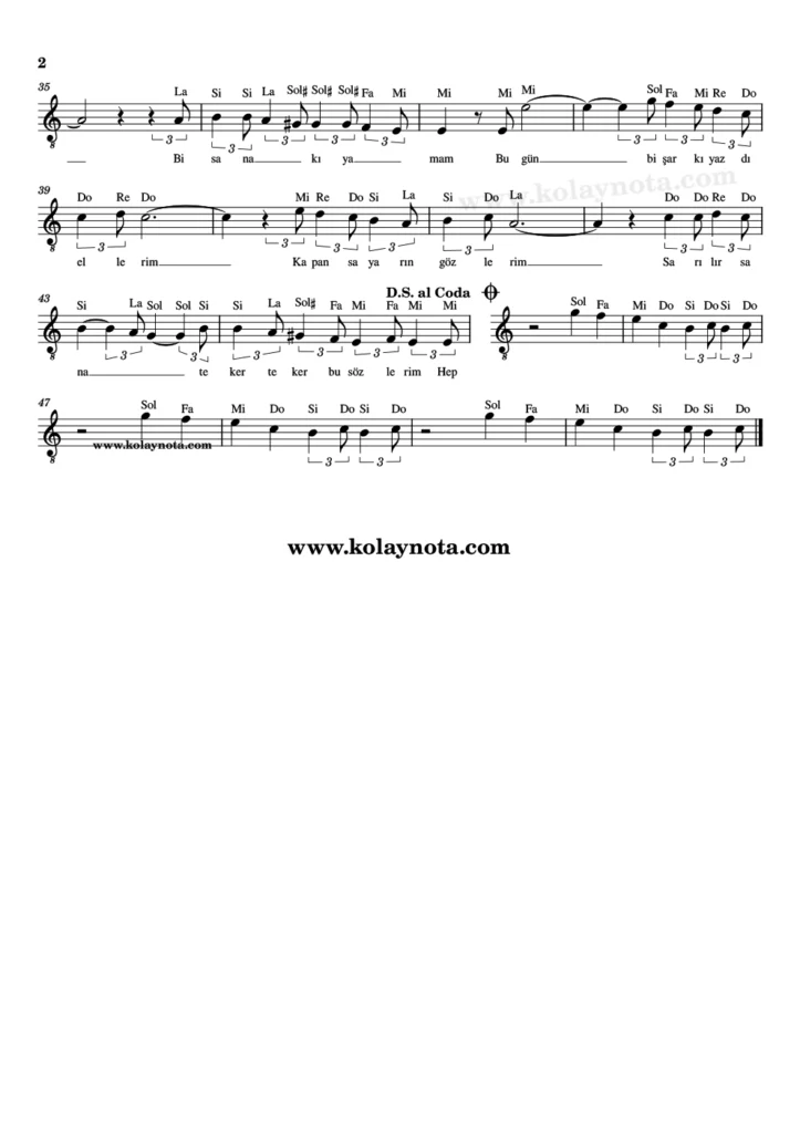 Cümlelerim şarkısının kolay notasyonu. 2. Sayfa