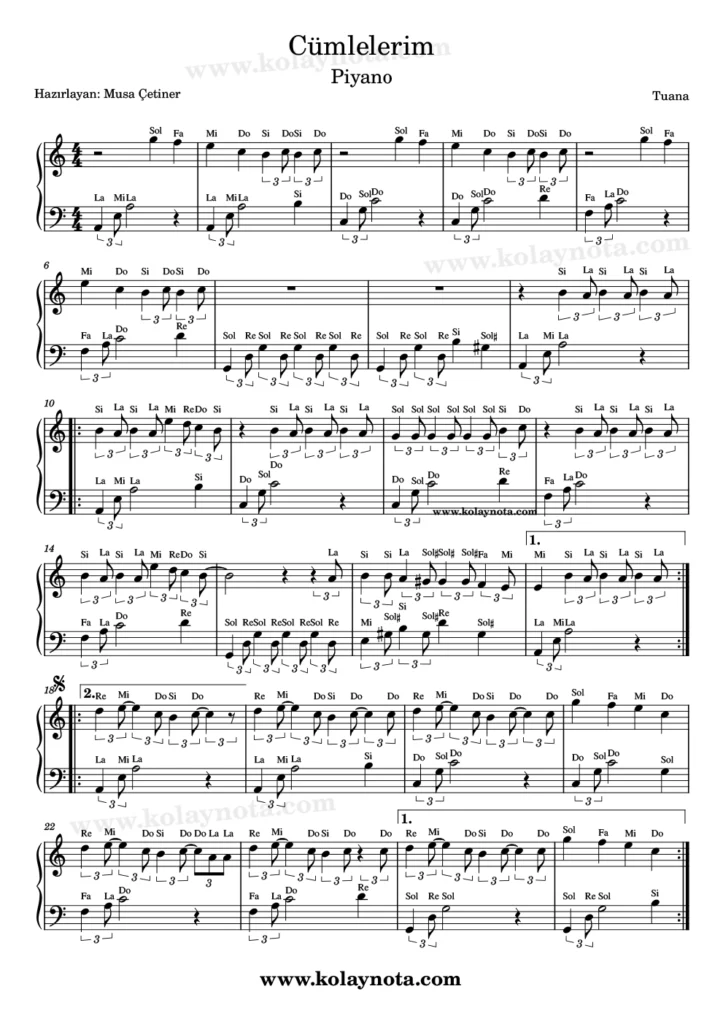 Cümlelerim şarkısının piyano düzenlemesi. 1. Sayfa
