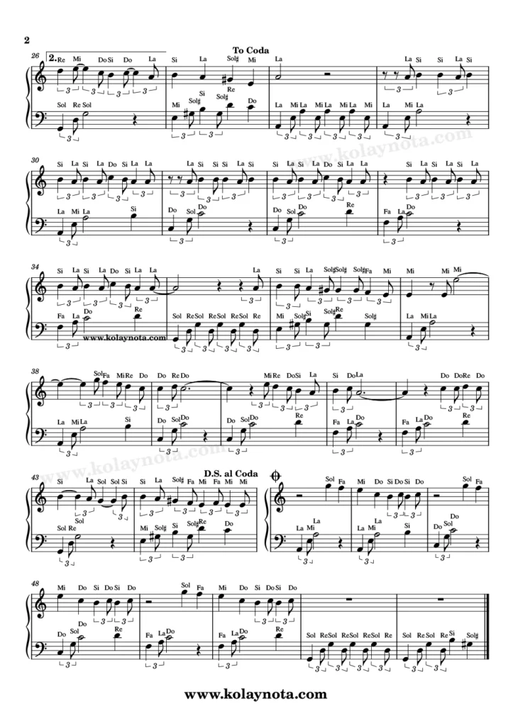 Cümlelerim şarkısının piyano düzenlemesi. 2. Sayfa