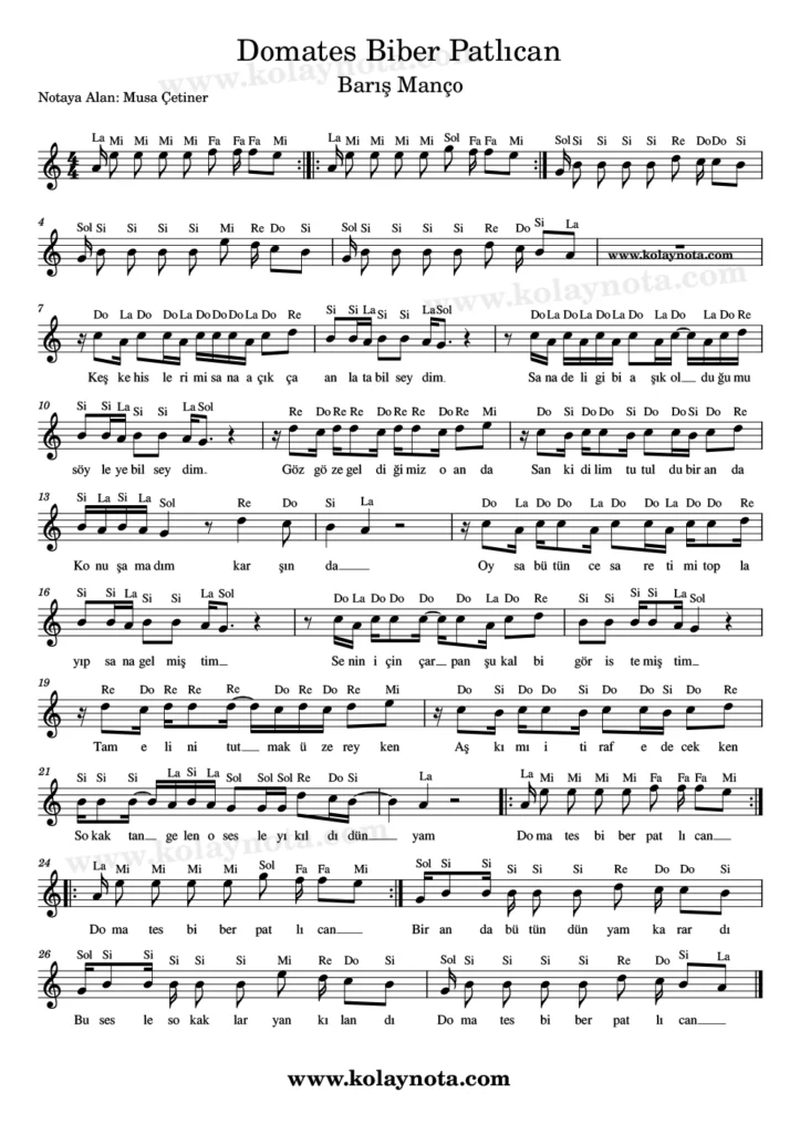 Domates Biber Patlıcan şarkısının kolay notasyonu