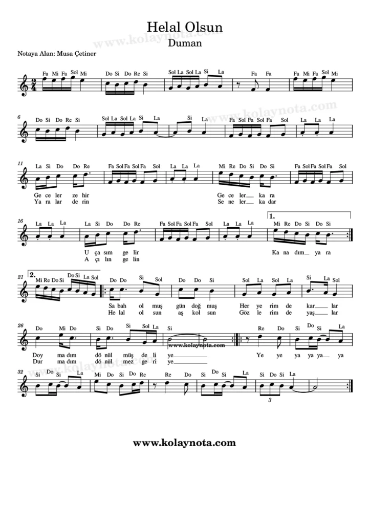 Duman, Helal Olsun şarkısının kolay notasyonu