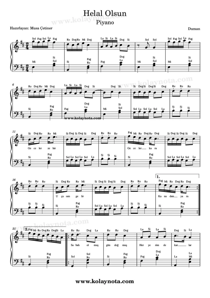 Duman, Helal Olsun, piyano düzenlemesi. Sayfa 1