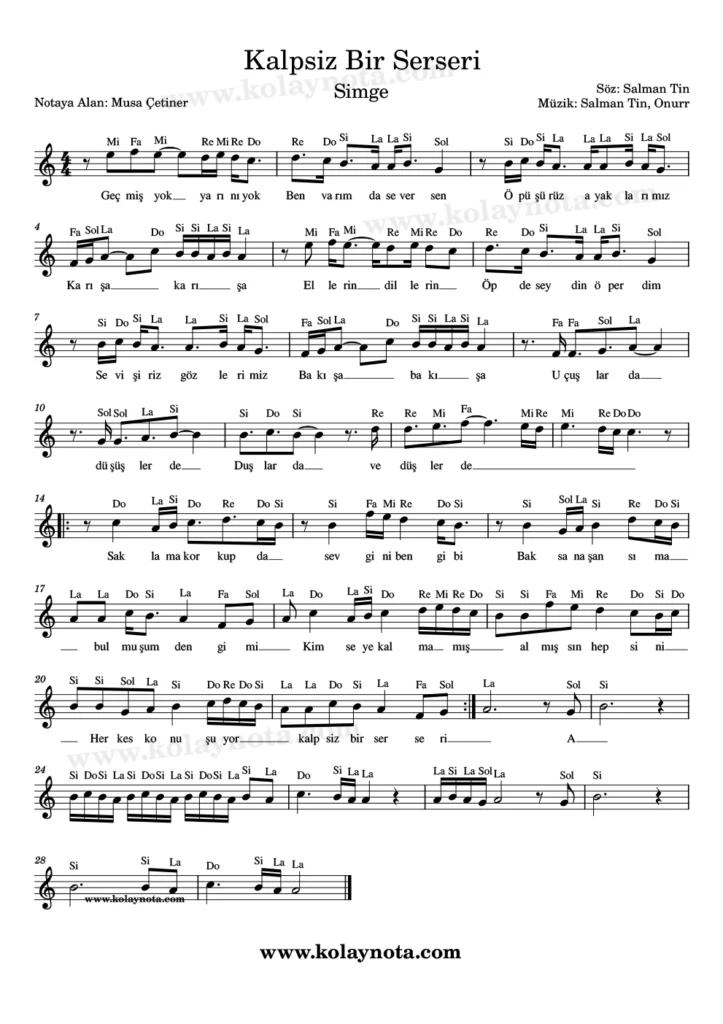 Kalpsiz Bir Serseri şarkısının kolay notasyonu