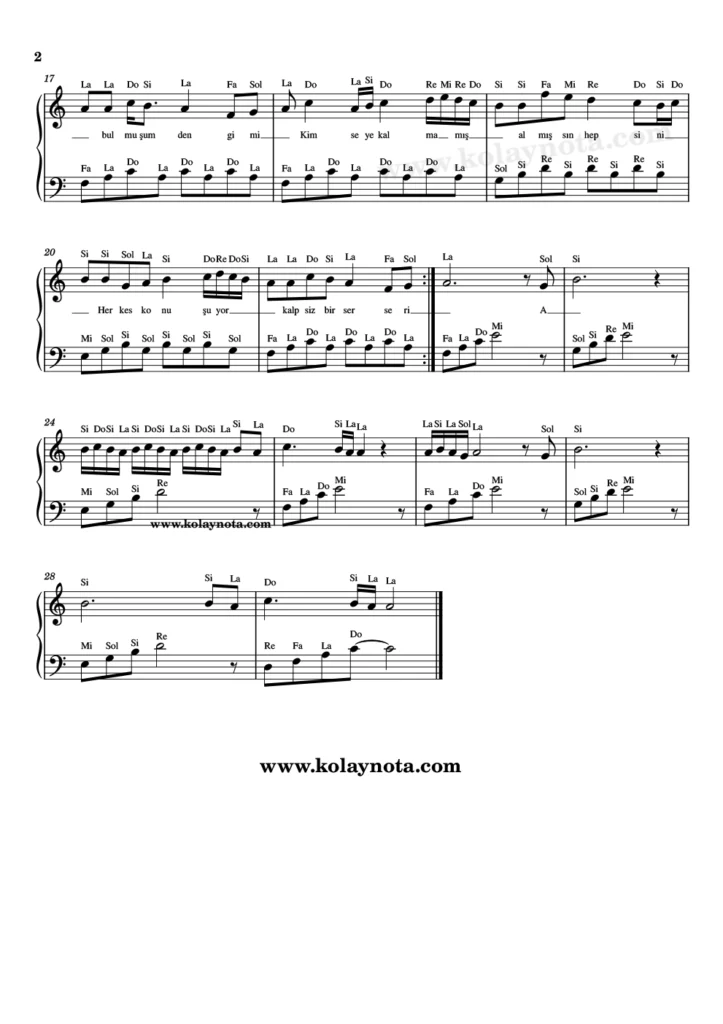 Kalpsiz Bir Serseri şarkısının piyano düzenlemesi. Sayfa 2