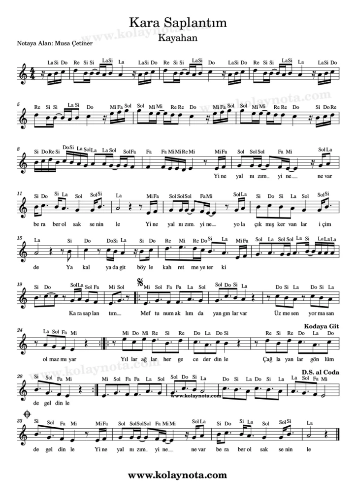 Kara Saplantım şarkısının kolay notasyonu