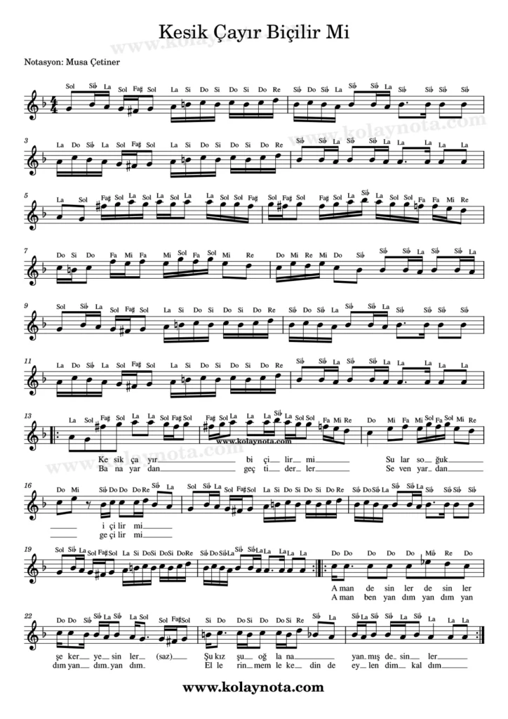 Kesik Çayır Biçilir Mi türküsünün kolay notasyonu