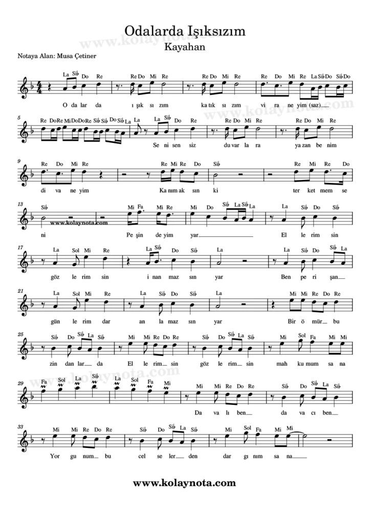 Odalarda Işıksızım şarkısının kolay notasyonu. 1. Sayfa