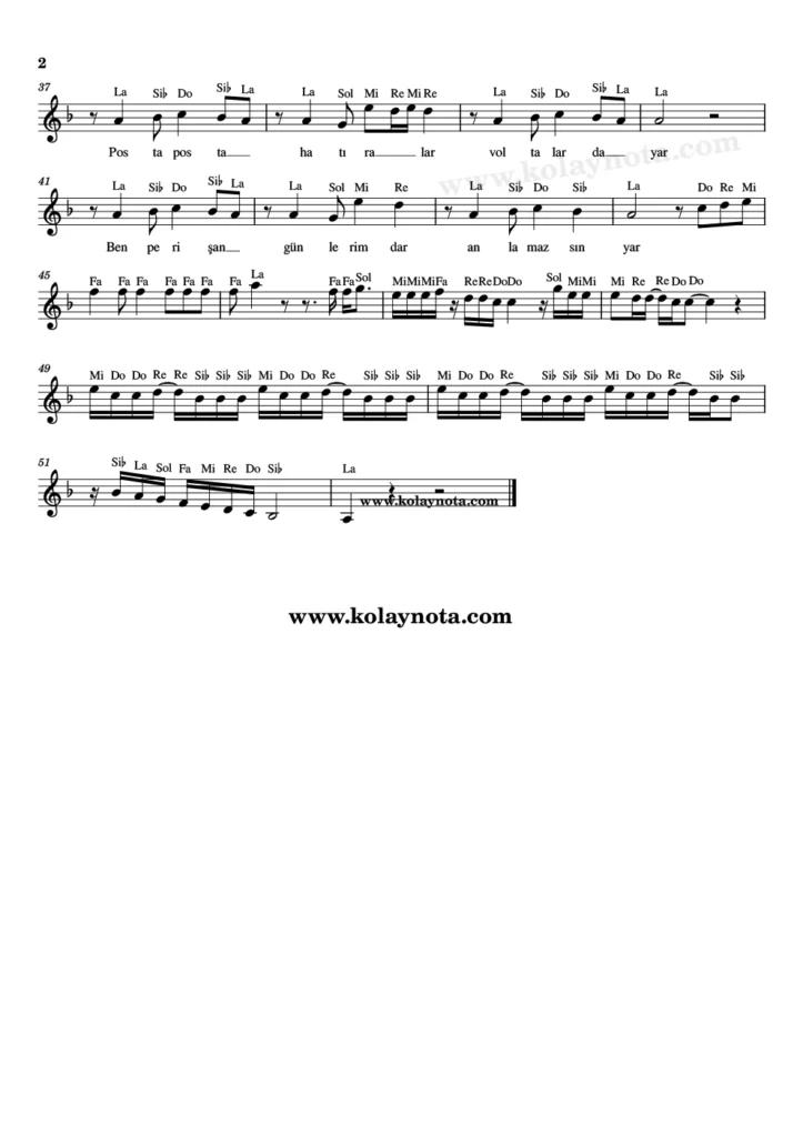 Odalarda Işıksızım şarkısının kolay notasyonu. 2. Sayfa