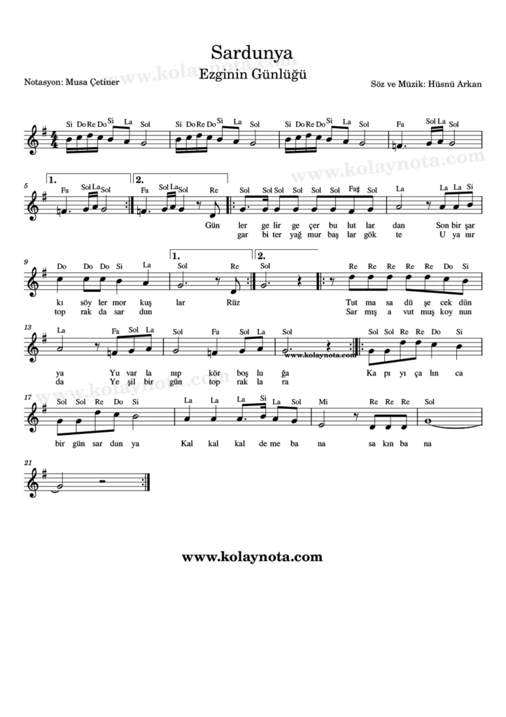 Sardunya şarkısının kolay notasyonu