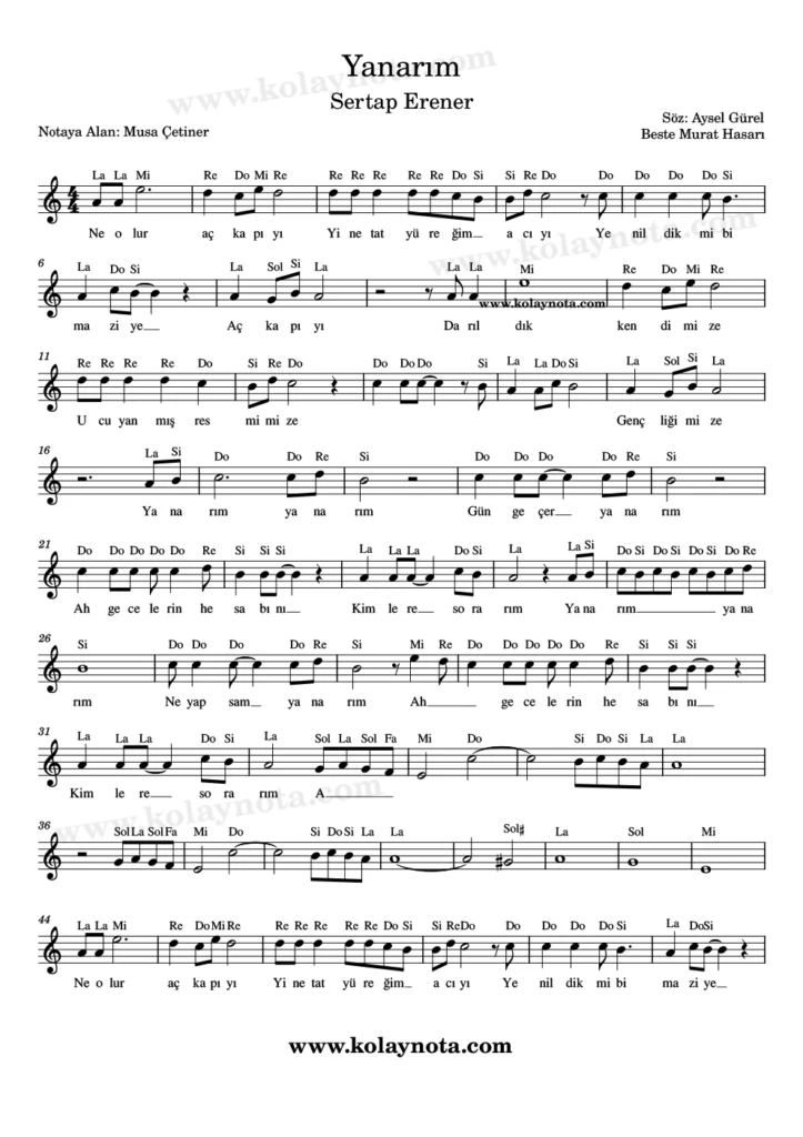 Yanarım şarkısının kolay notasyonu. 1 Sayfa