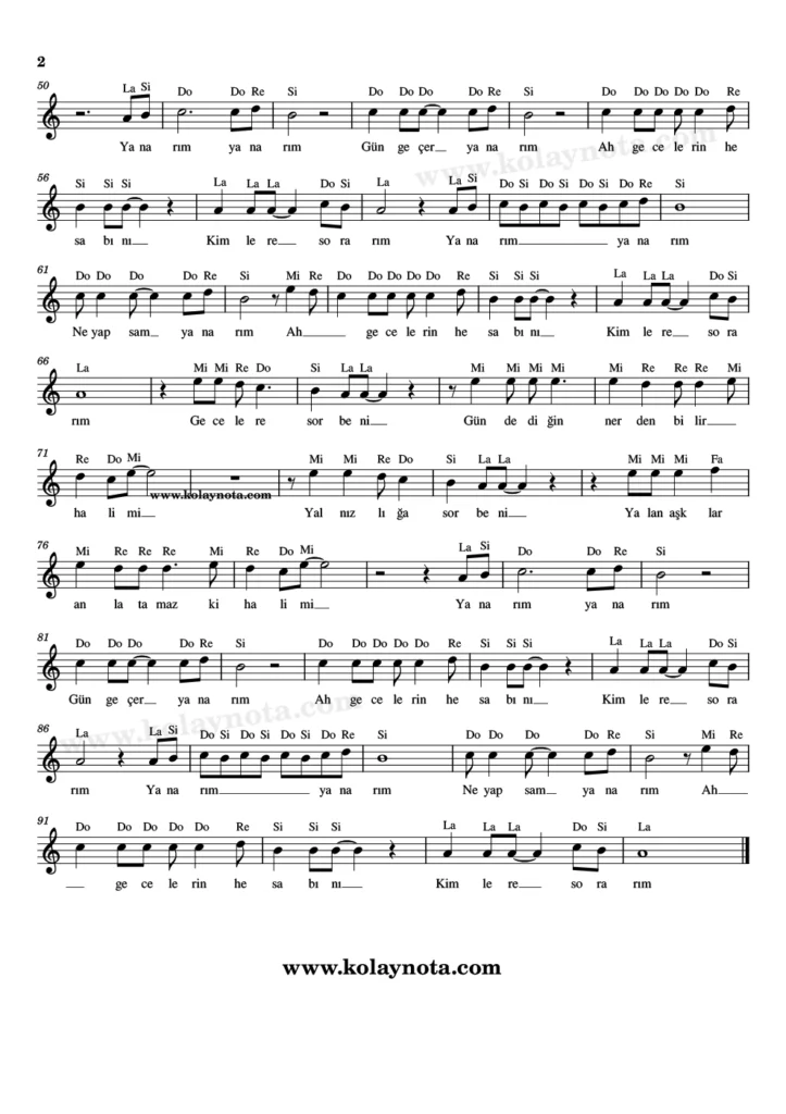 Yanarım şarkısının kolay notasyonu. 2. Sayfa