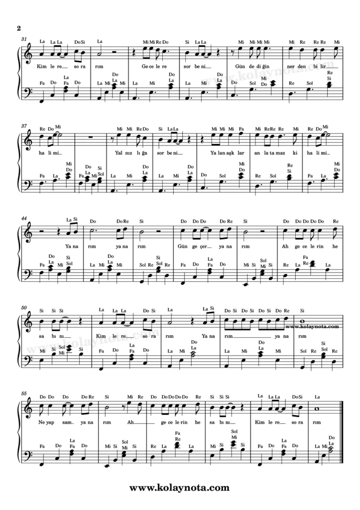Yanarım şarkısının piyano düzenlemesi. Sayfa 2