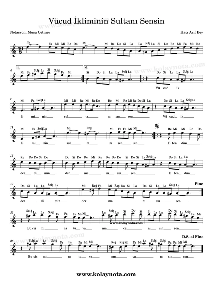 Vücud İkliminin Sultanı Sensin şarkısının kolay notasyonu