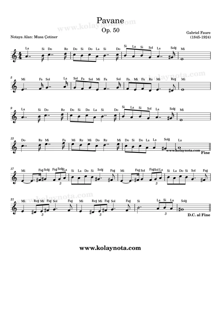 Faure, Pavane Op. 50, kolay notasyonu