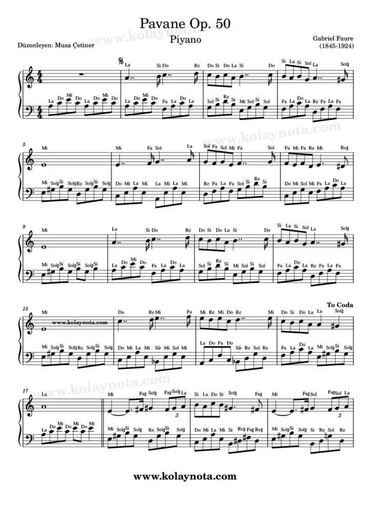 Faure, Pavane Op. 50, piyano düzenlemesi, 1. Sayfa
