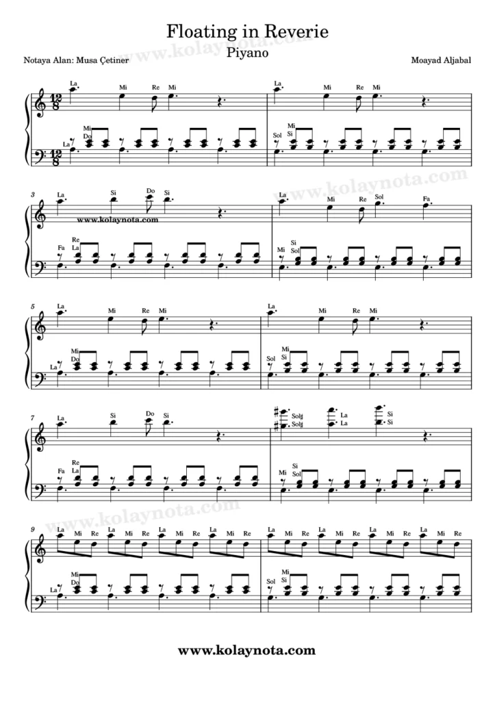 Floating in Reverie şarkısının piyano notası. 1. Sayfa
