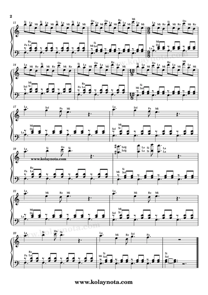 Floating in Reverie şarkısının piyano notası. 2. Sayfa